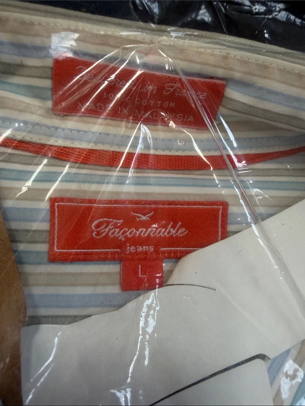Faconnable Blue, Tan & White Striped Dress Shirt